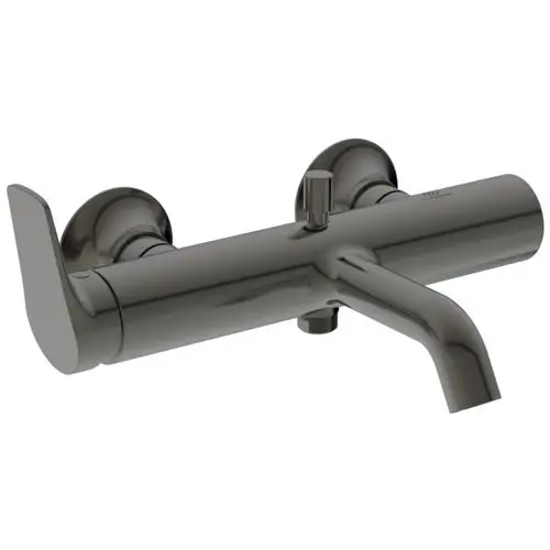 Wandmontierte Badarmatur aus grauem Material mit einem geraden Auslauf und zwei Griffen, hergestellt von Ideal Standard.